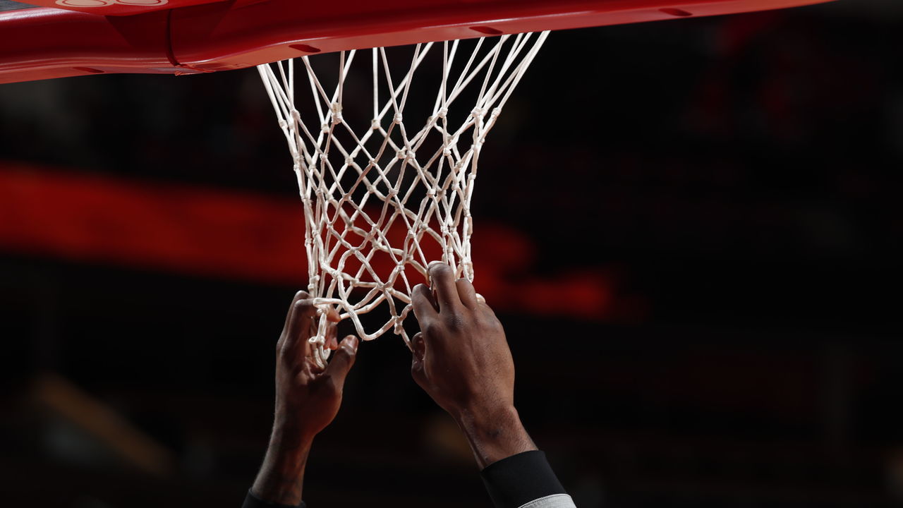 CHICAGO, IL - MAY 11: A generic view of a player grabbing the net prior to a game between the Chicago Bulls and the Brooklyn Nets on May 11, 2021 at United Center in Chicago, Illinois. Mandatory Copyright Notice: Copyright 2021 NBAE