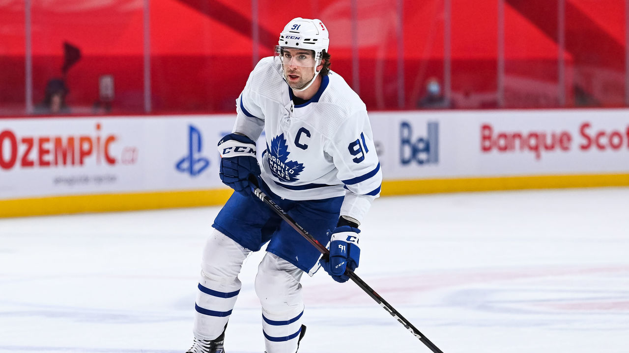 MONTREAL, QC - MAY 03: Look on Toronto Maple Leafs center John Tavares (91) during the Toronto Maple Leafs versus the Montreal Canadiens game on May 3, 2021, at Bell Centre in Montreal, QC