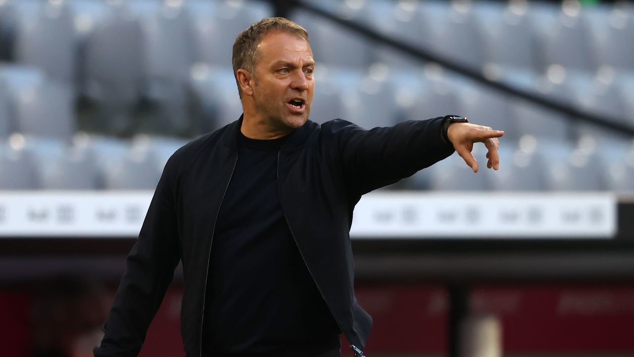 MUNICH, GERMANY - MAY 08: Hans-Dieter Flick, head coach of FC Bayern München reacts during the Bundesliga match between FC Bayern Muenchen and Borussia Moenchengladbach at Allianz Arena on May 08, 2021 in Munich, Germany.