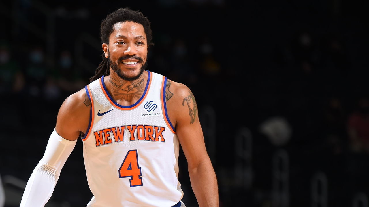BOSTON, MA - APRIL 7: Derrick Rose #4 of the New York Knicks smiles during the game against the Boston Celtics on April 7, 2021 at the TD Garden in Boston, Massachusetts. Mandatory Copyright Notice: Copyright 2021 NBAE