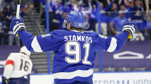 TAMPA, FL - MAY 20: Tampa Bay Lightning center Steven Stamkos (91) celebrates a goal during the NHL Hockey Stanley Cup playoff match between the Tampa Bay Lightning and Florida Panthers on May 20, 2021 at Amalie Arena in Tampa, FL.