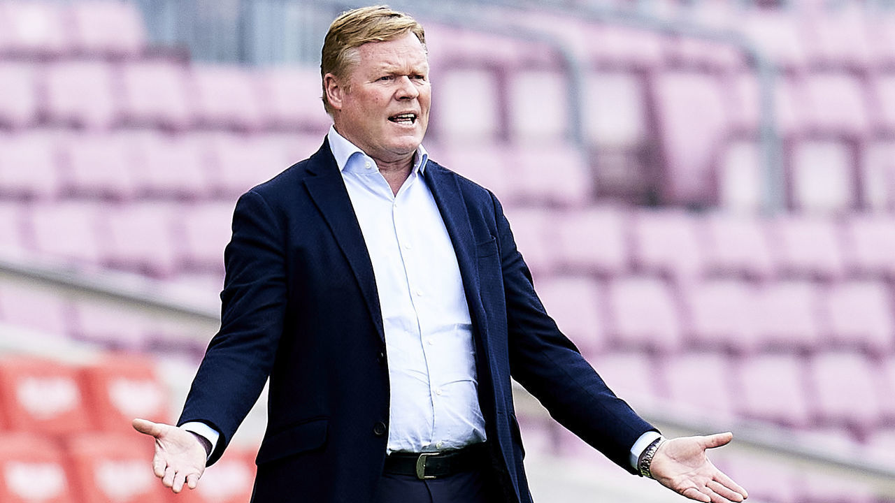 BARCELONA, SPAIN - MAY 16: Ronald Koeman, head coach of FC Barcelona during the La Liga Santander match between FC Barcelona and RC Celta at Camp Nou on May 16, 2021 in Barcelona, Spain. Sporting stadiums around Spain remain under strict restrictions due to the Coronavirus Pandemic as Government social distancing laws prohibit fans inside venues resulting in games being played behind closed doors.