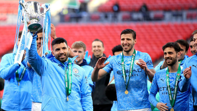 Manchester City's Sergio Aguero celebrates with the trophy after winning the Carabao Cup Final at Wembley Stadium, London. Picture date: Sunday April 25, 2021.