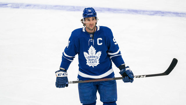 TORONTO, ON - MAY 6: John Tavares #91 of the Toronto Maple Leafs warms up before facing the Montreal Canadiens at the Scotiabank Arena on May 6, 2021 in Toronto, Ontario, Canada.