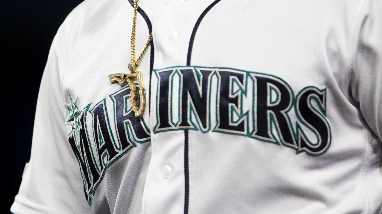 SEATTLE, WA - APRIL 02: A gold Florida necklace sits over the Mariners logo on the jersey of Mallex Smith #0 in the third inning against the Los Angeles Angels of Anaheim at T-Mobile Park on April 2, 2019 in Seattle, Washington. The Seattle Mariners beat the Los Angeles Angels of Anaheim 2-1.