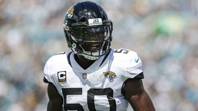 JACKSONVILLE, FL - SEPTEMBER 23: Jacksonville Jaguars linebacker Telvin Smith (50) looks on during the game between the Tennessee Titans and the Jacksonville Jaguars on September 23, 2018 at TIAA Bank Field in Jacksonville, Fl.