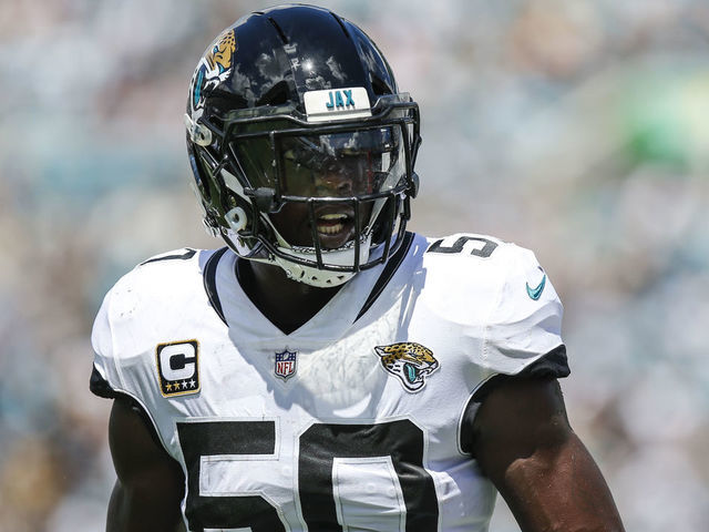 JACKSONVILLE, FL - SEPTEMBER 23: Jacksonville Jaguars linebacker Telvin Smith (50) looks on during the game between the Tennessee Titans and the Jacksonville Jaguars on September 23, 2018 at TIAA Bank Field in Jacksonville, Fl.