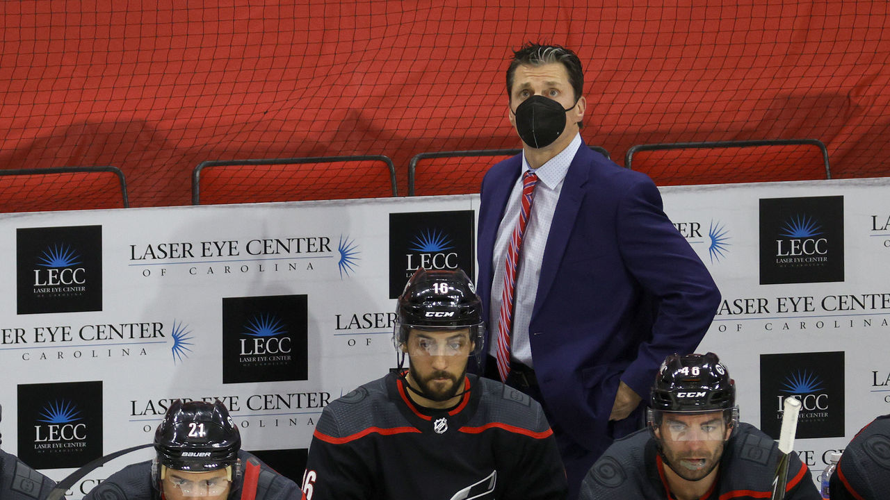RALEIGH, NORTH CAROLINA - MARCH 04: Head coach Rod Brind'Amour of the Carolina Hurricanes looks on during the third period of their game against the Detroit Red Wings at PNC Arena on March 04, 2021 in Raleigh, North Carolina.