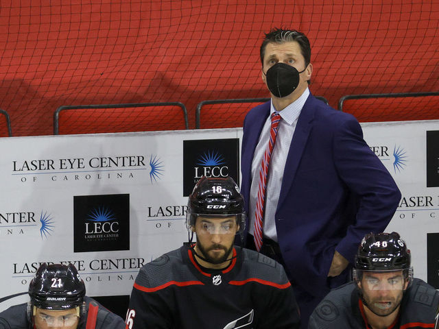 RALEIGH, NORTH CAROLINA - MARCH 04: Head coach Rod Brind'Amour of the Carolina Hurricanes looks on during the third period of their game against the Detroit Red Wings at PNC Arena on March 04, 2021 in Raleigh, North Carolina.
