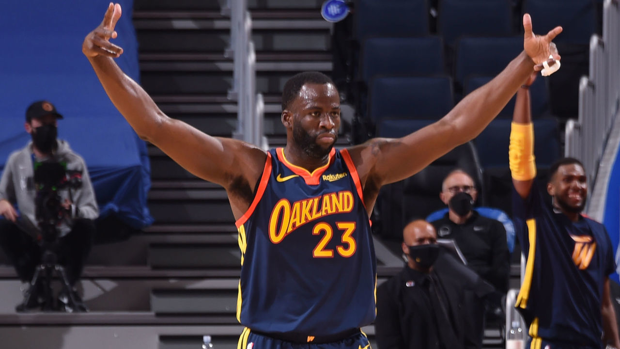 SAN FRANCISCO, CA - MAY 21: Draymond Green #23 of the Golden State Warriors celebrates during the game against the Memphis Grizzlies during the 2021 Play-In Tournament on May 21, 2021 at Chase Center in San Francisco, California. NOTE TO USER: User expressly acknowledges and agrees that, by downloading and or using this photograph, user is consenting to the terms and conditions of Getty Images License Agreement. Mandatory Copyright Notice: Copyright 2021 NBAE