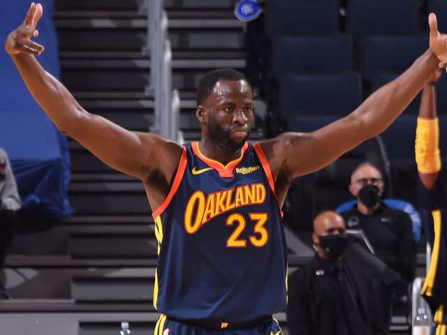 SAN FRANCISCO, CA - MAY 21: Draymond Green #23 of the Golden State Warriors celebrates during the game against the Memphis Grizzlies during the 2021 Play-In Tournament on May 21, 2021 at Chase Center in San Francisco, California. NOTE TO USER: User expressly acknowledges and agrees that, by downloading and or using this photograph, user is consenting to the terms and conditions of Getty Images License Agreement. Mandatory Copyright Notice: Copyright 2021 NBAE