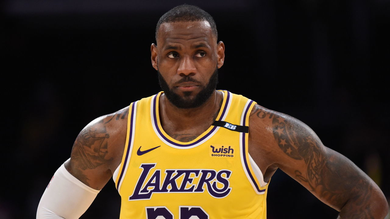 LOS ANGELES, CA - MAY 19: LeBron James #23 of the Los Angeles Lakers looks on during the game against the Golden State Warriors during the 2021 NBA Play-In Tournament on May 19, 2021 at STAPLES Center in Los Angeles, California. NOTE TO USER: User expressly acknowledges and agrees that, by downloading and/or using this Photograph, user is consenting to the terms and conditions of the Getty Images License Agreement. Mandatory Copyright Notice: Copyright 2021 NBAE