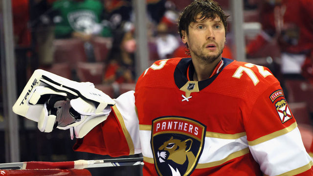 SUNRISE, FLORIDA - MAY 16: Sergei Bobrovsky #72 of the Florida Panthers takes a break during the game against the Tampa Bay Lightning in Game One of the First Round of the 2021 Stanley Cup Playoffs at the BB&T Center on May 16, 2021 in Sunrise, Florida. The Lightning defeated the Panthers 5-4.