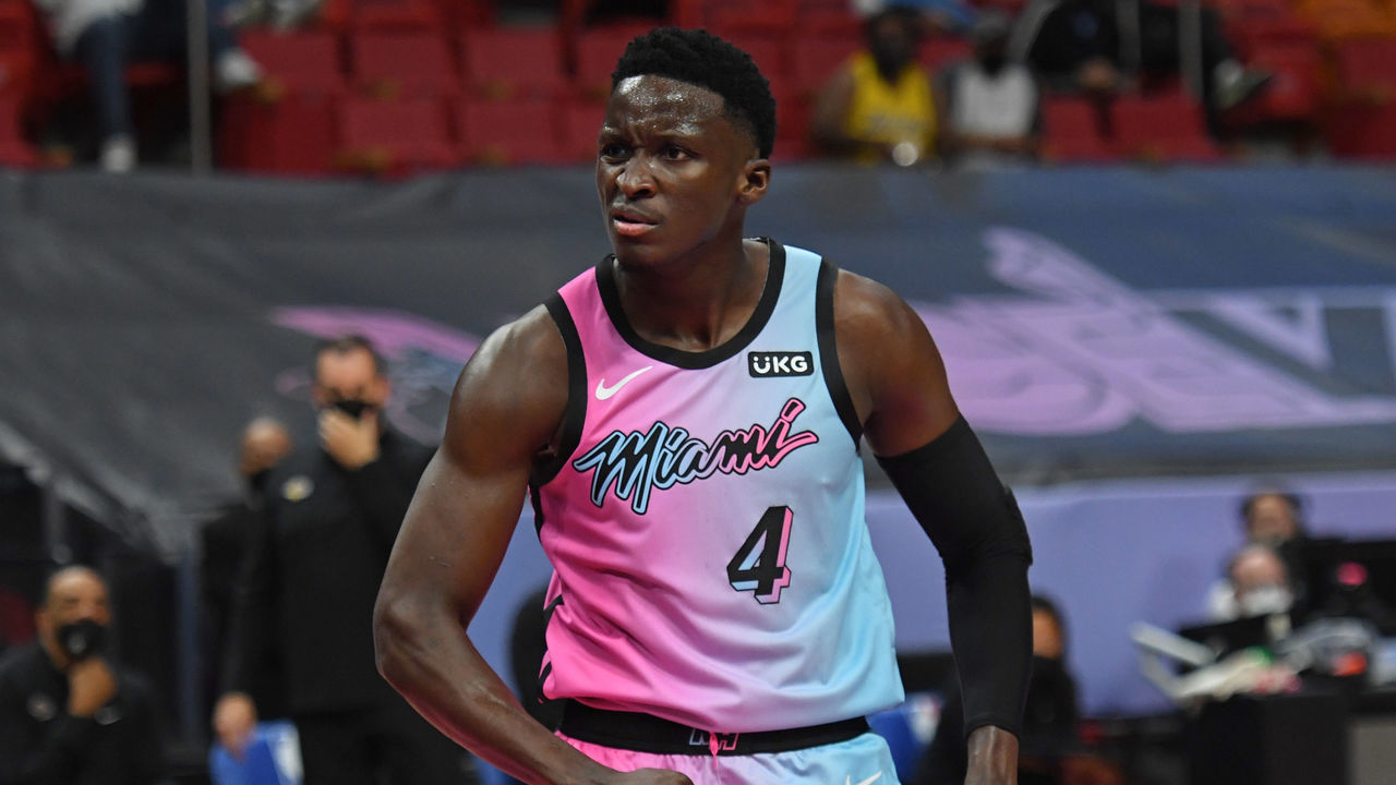 MIAMI, FL - APRIL 8: Victor Oladipo #4 of the Miami Heat celebrates during the game against the Los Angeles Lakers on April 8, 2021 at American Airlines Arena in Miami, Florida. Mandatory Copyright Notice: Copyright 2021 NBAE