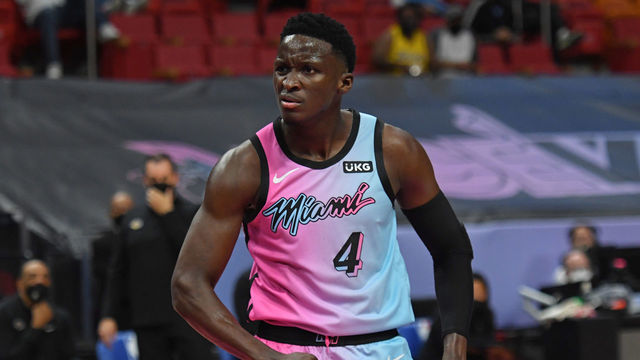 MIAMI, FL - APRIL 8: Victor Oladipo #4 of the Miami Heat celebrates during the game against the Los Angeles Lakers on April 8, 2021 at American Airlines Arena in Miami, Florida. Mandatory Copyright Notice: Copyright 2021 NBAE