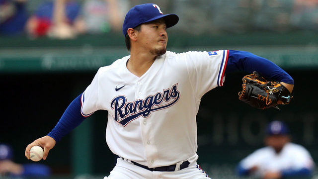 ARLINGTON, TEXAS - MAY 08: Kohei Arihara #35 of the Texas Rangers pitches in the first inning against the Seattle Mariners at Globe Life Field on May 08, 2021 in Arlington, Texas.