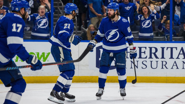 TAMPA, FL - MAY 22: Nikita Kucherov #86 of the Tampa Bay Lightning celebrates a goal against the Florida Panthers during the third period in Game Four of the First Round of the 2021 Stanley Cup Playoffs at Amalie Arena on May 22, 2021 in Tampa, Florida.