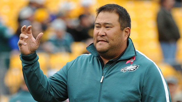 PITTSBURGH, PA - OCTOBER 7: Offensive line assistant Eugene Chung of the Philadelphia Eagles looks on from the field during pregame warmup prior to a game against the Pittsburgh Steelers at Heinz Field on October 7, 2012 in Pittsburgh, Pennsylvania. The Steelers defeated the Eagles 16-14.