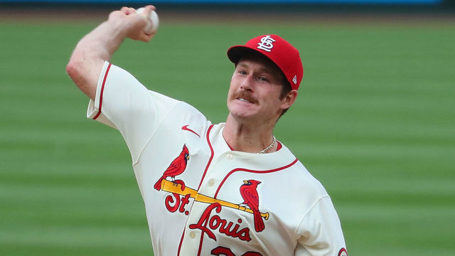 ST LOUIS, MO - MAY 22: Miles Mikolas #39 of the St. Louis Cardinals of the Chicago Cubs pitches in the first inning at Busch Stadium on May 22, 2021 in St Louis, Missouri.