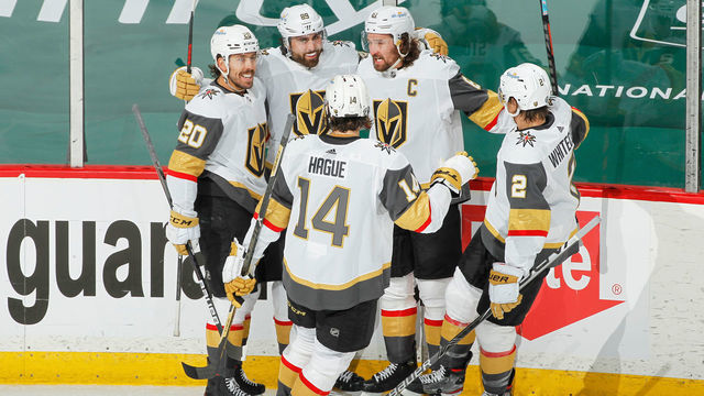 SAINT PAUL, MN - MAY 22: Chandler Stephenson #20, Nicolas Hague #14, Alex Tuch #89, Mark Stone #61 and Zach Whitecloud #2 of the Vegas Golden Knights celebrate a goal against the Minnesota Wild during Game Four of the First Round of the 2021 Stanley Cup Playoffs at the Xcel Energy Center on May 22, 2021 in Saint Paul, Minnesota.