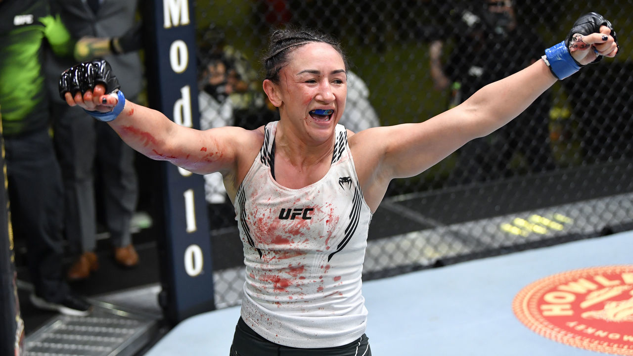 LAS VEGAS, NEVADA - MAY 22: Carla Esparza reacts after defeating Yan Xiaonan of China in their women's strawweight bout during the UFC Fight Night event at UFC APEX on May 22, 2021 in Las Vegas, Nevada.