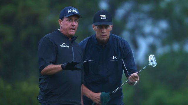 HOBE SOUND, FLORIDA - MAY 24: Phil Mickelson reads a putt for NFL player Tom Brady of the Tampa Bay Buccaneers on the 17th green during The Match: Champions For Charity at Medalist Golf Club on May 24, 2020 in Hobe Sound, Florida.