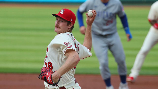 ST LOUIS, MO - MAY 22: Miles Mikolas #39 of the St. Louis Cardinals of the Chicago Cubs pitches in the first inning at Busch Stadium on May 22, 2021 in St Louis, Missouri.
