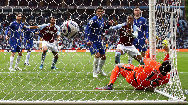 BIRMINGHAM, ENGLAND - MAY 23: Edouard Mendy of Chelsea fails to save from Bertrand Traore of Aston Villa (not pictured) as he scores his side's first goal during the Premier League match between Aston Villa and Chelsea at Villa Park on May 23, 2021 in Birmingham, England. A limited number of fans will be allowed into Premier League stadiums as Coronavirus restrictions begin to ease in the UK.