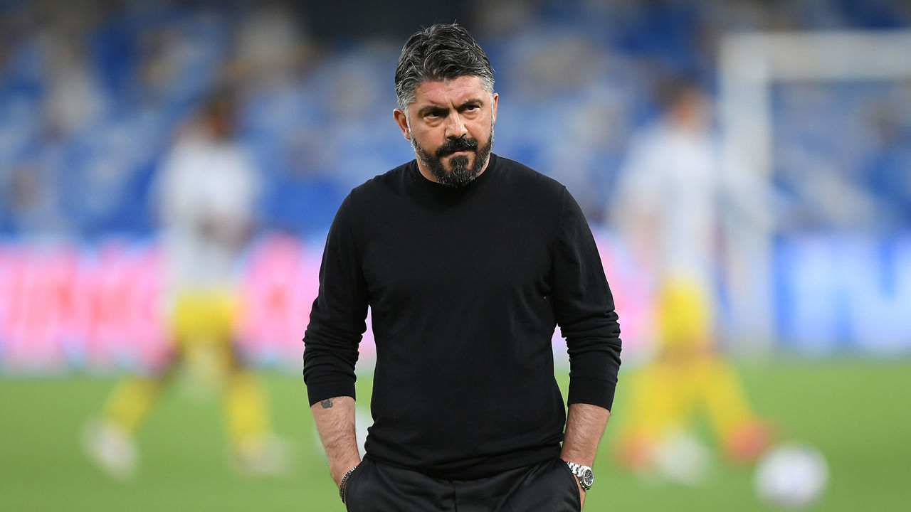 NAPLES, ITALY - MAY 23: Gennaro Gattuso, Head Coach of SSC Napoli looks on prior to the Serie A match between SSC Napoli and Hellas Verona FC at Stadio Diego Armando Maradona on May 23, 2021 in Naples, Italy. Sporting stadiums around Italy remain under strict restrictions due to the Coronavirus Pandemic as Government social distancing laws prohibit fans inside venues resulting in games being played behind closed doors.