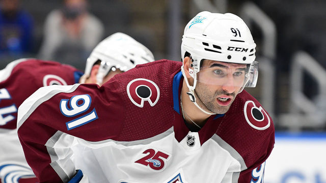 ST. LOUIS, MO - APRIL 24: Colorado Avalanche centerman Nazem Kadri (91) during a NHL game between the Colorado Avalanche and the St. Louis Blues on April 24, 2021, at Enterprise Center, St. Louis, Mo. ,
