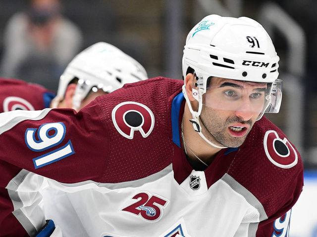 ST. LOUIS, MO - APRIL 24: Colorado Avalanche centerman Nazem Kadri (91) during a NHL game between the Colorado Avalanche and the St. Louis Blues on April 24, 2021, at Enterprise Center, St. Louis, Mo. ,