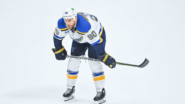 DENVER, CO - MAY 17: St. Louis Blues center Ryan O'Reilly (90) stands on the ice during a Stanley Cup Playoffs first round game between the St. Louis Blues and the Colorado Avalanche at Ball Arena in Denver, Colorado on May 17, 2021.