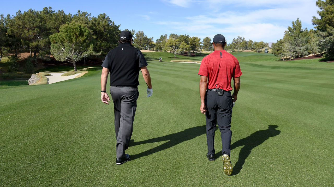 LAS VEGAS, NV - NOVEMBER 20: (EXCLUSIVE COVERAGE) Tiger Woods and Phil Mickelson are seen as they play a practice round before The Match at Shadow Creek Golf Course on November 20, 2018 in Las Vegas, Nevada.
