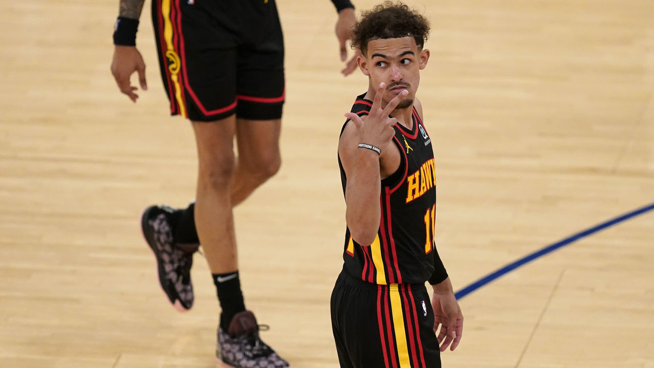 NEW YORK, NY - MAY 23: Atlanta Hawks' Trae Young gestures during the second half of Game 1 of an NBA basketball first-round playoff series against the New York Knicks on May 23, 2021 in New York City. NOTE TO USER: User expressly acknowledges and agrees that, by downloading and or using this photograph, User is consenting to the terms and conditions of the Getty Images License Agreement.