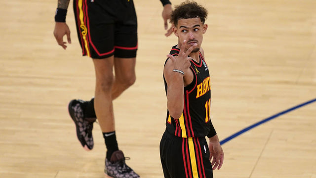 NEW YORK, NY - MAY 23: Atlanta Hawks' Trae Young gestures during the second half of Game 1 of an NBA basketball first-round playoff series against the New York Knicks on May 23, 2021 in New York City. NOTE TO USER: User expressly acknowledges and agrees that, by downloading and or using this photograph, User is consenting to the terms and conditions of the Getty Images License Agreement.