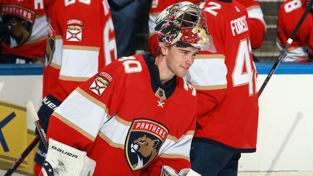 SUNRISE, FL - APRIL 20: Goaltender Spencer Knight #30 of the Florida Panthers skates back to the net after a break in the action against the Columbus Blue Jackets at the BB&T Center on April 20, 2021 in Sunrise, Florida.