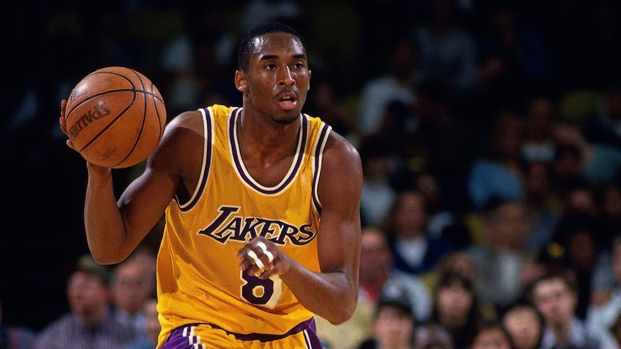 LOS ANGELES - FEBRUARY 2: Kobe Bryant #8 of the Los Angeles Lakers advances the ball on the dribble against the Washington Bullets during the NBA game on February 2, 1997 in Los Angeles, California. NOTE TO USER: User expressly acknowledges and agrees that, by downloading and/or using this Photograph, User is consenting to the terms and conditions of the Getty Images License Agreement. Mandatory Copyright Notice: Copyright 1997 NBAE