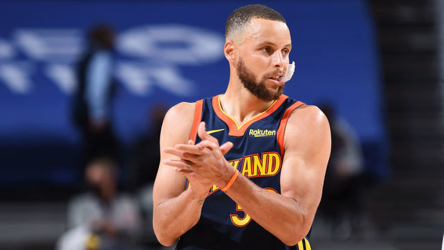 SAN FRANCISCO, CA - MAY 21: Stephen Curry #30 of the Golden State Warriors claps during the game against the Memphis Grizzlies during the 2021 Play-In Tournament on May 21, 2021 at Chase Center in San Francisco, California. NOTE TO USER: User expressly acknowledges and agrees that, by downloading and or using this photograph, user is consenting to the terms and conditions of Getty Images License Agreement. Mandatory Copyright Notice: Copyright 2021 NBAE