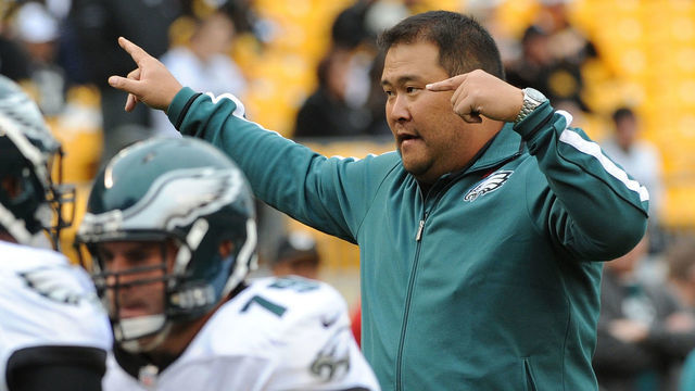 PITTSBURGH, PA - OCTOBER 7: Offensive line assistant Eugene Chung of the Philadelphia Eagles directs players during pregame warmup prior to a game against the Pittsburgh Steelers at Heinz Field on October 7, 2012 in Pittsburgh, Pennsylvania. The Steelers defeated the Eagles 16-14.