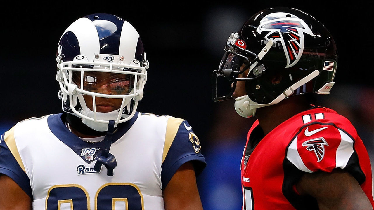 ATLANTA, GEORGIA - OCTOBER 20: Jalen Ramsey #20 of the Los Angeles Rams stares down Julio Jones #11 of the Atlanta Falcons in the first half at Mercedes-Benz Stadium on October 20, 2019 in Atlanta, Georgia.