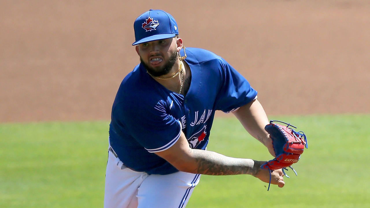 DUNEDIN, FL - MARCH 14: Alek Manoah (75) of the Blue Jays delivers a pitch to the plate during the spring training game between the New York Yankees and the Toronto Blue Jays on March 14, 2021, at the Dunedin Stadium in Dunedin, FL.