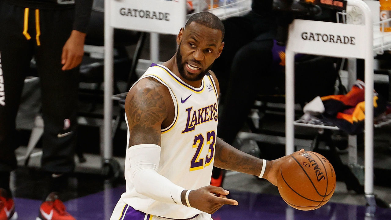 PHOENIX, ARIZONA - MAY 23: LeBron James #23 of the Los Angeles Lakers handles the ball against the Phoenix Suns during the first half of Game One of the Western Conference first-round playoff series at Phoenix Suns Arena on May 23, 2021 in Phoenix, Arizona.