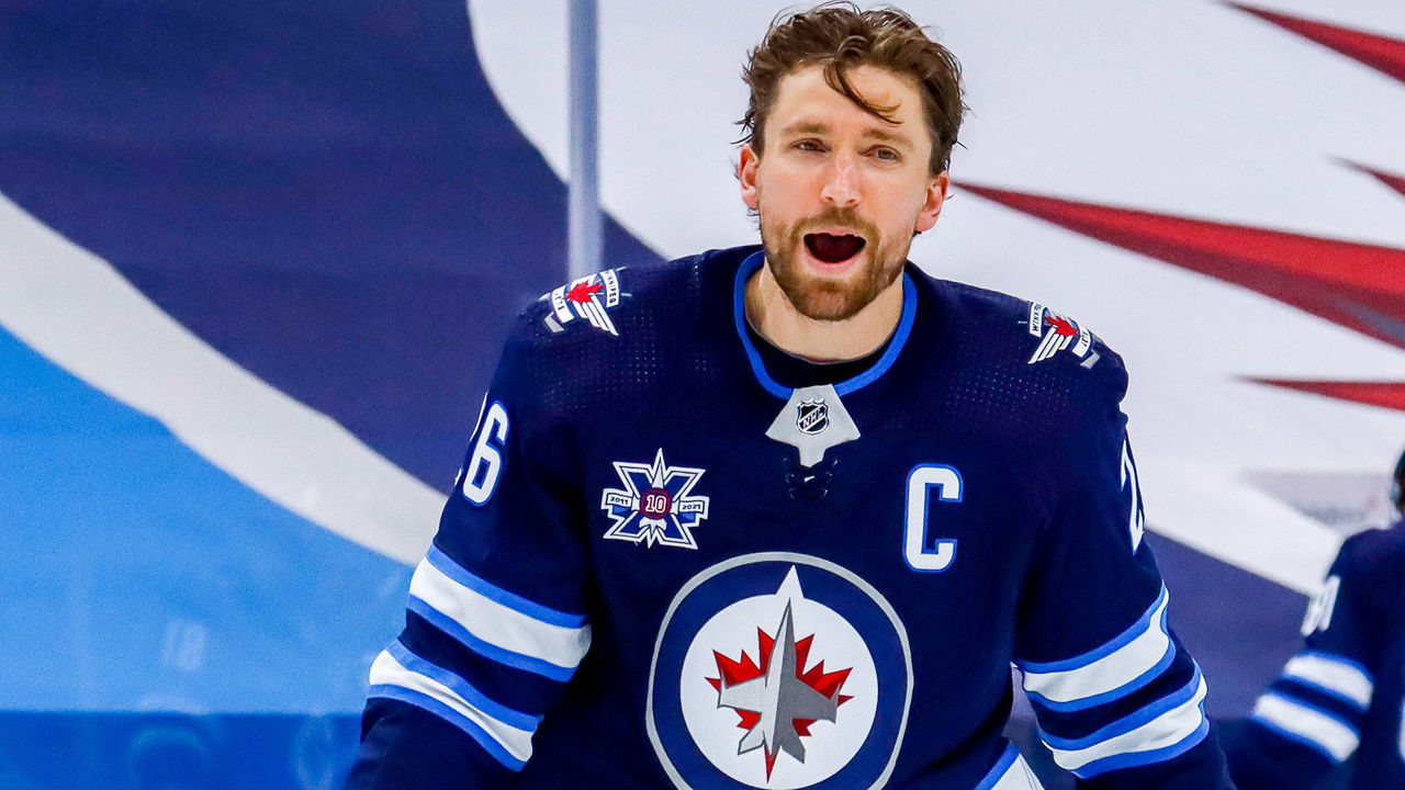 WINNIPEG, MB - APRIL 2: Blake Wheeler #26 of the Winnipeg Jets takes part in the pre-game warm up prior to NHL action against the Toronto Maple Leafs at the Bell MTS Place on April 2, 2021 in Winnipeg, Manitoba, Canada.