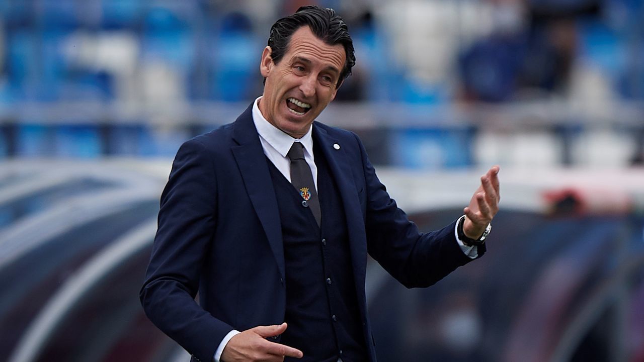 Villareal's coach Unai Emery reacts during a Spanish league football match between Real Madrid and Villareal CF in Madrid, Spain, on May 22, 2021.