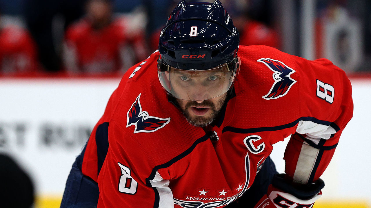 WASHINGTON, DC - MAY 23: Alex Ovechkin #8 of the Washington Capitals looks on against the Boston Bruins during Game Five of the 2021 Stanley Cup Playoffs at Capital One Arena on May 23, 2021 in Washington, DC.