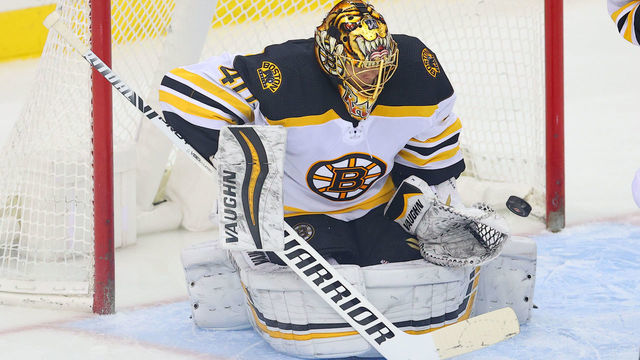 NEWARK, NJ - MAY 03: Boston Bruins goaltender Tuukka Rask (40) makes a save during the third period of the National Hockey League game between the New Jersey Devils and the Boston Bruins on May 3, 2021 at the Prudential Center in Newark, NJ.
