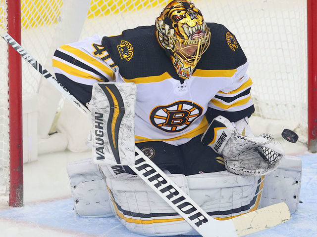 NEWARK, NJ - MAY 03: Boston Bruins goaltender Tuukka Rask (40) makes a save during the third period of the National Hockey League game between the New Jersey Devils and the Boston Bruins on May 3, 2021 at the Prudential Center in Newark, NJ.