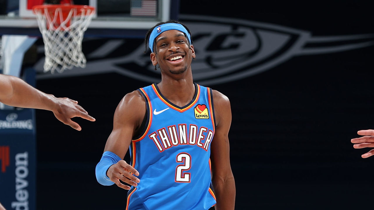 OKLAHOMA CITY, OK - FEBRUARY 22: Shai Gilgeous-Alexander #2 of the Oklahoma City Thunder smiles during the game the ball against the Miami Heat on February 22, 2021 at Chesapeake Energy Arena in Oklahoma City, Oklahoma. Mandatory Copyright Notice: Copyright 2021 NBAE
