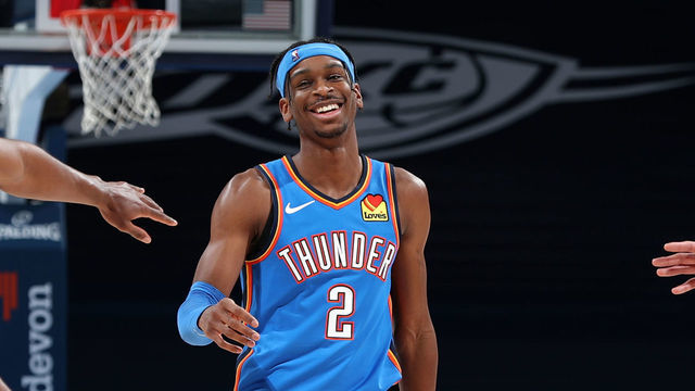 OKLAHOMA CITY, OK - FEBRUARY 22: Shai Gilgeous-Alexander #2 of the Oklahoma City Thunder smiles during the game the ball against the Miami Heat on February 22, 2021 at Chesapeake Energy Arena in Oklahoma City, Oklahoma. Mandatory Copyright Notice: Copyright 2021 NBAE