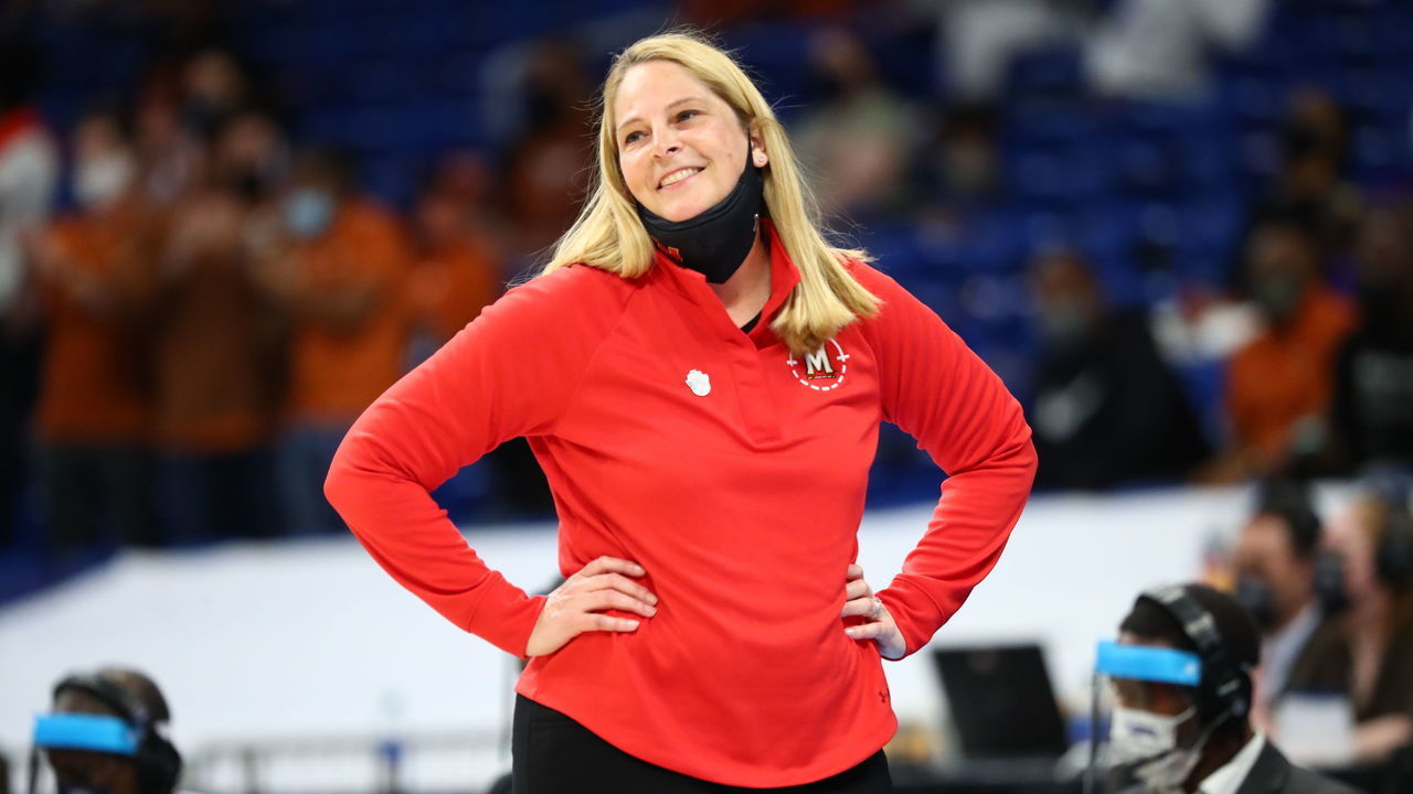 SAN ANTONIO, TX - MARCH 28: Head coach Brenda Frese of the Maryland Terrapins reacts from the sidelines against the Texas Longhorns during the fourth quarter in the Sweet Sixteen Round of the 2021 NCAA Women's Basketball Tournament at Alamodome on March 28, 2021 in San Antonio, Texas.